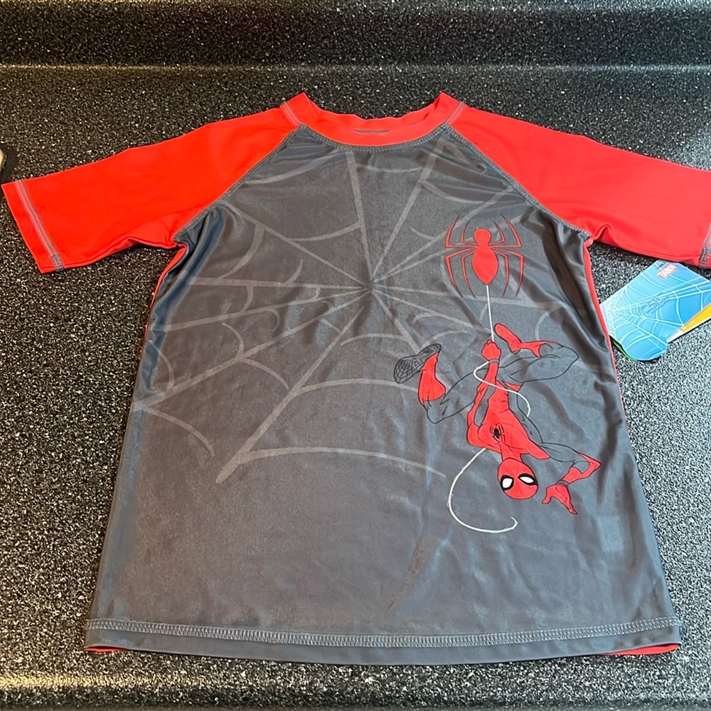 Marvel-themed kids’ swim shirt, Spider-Man.